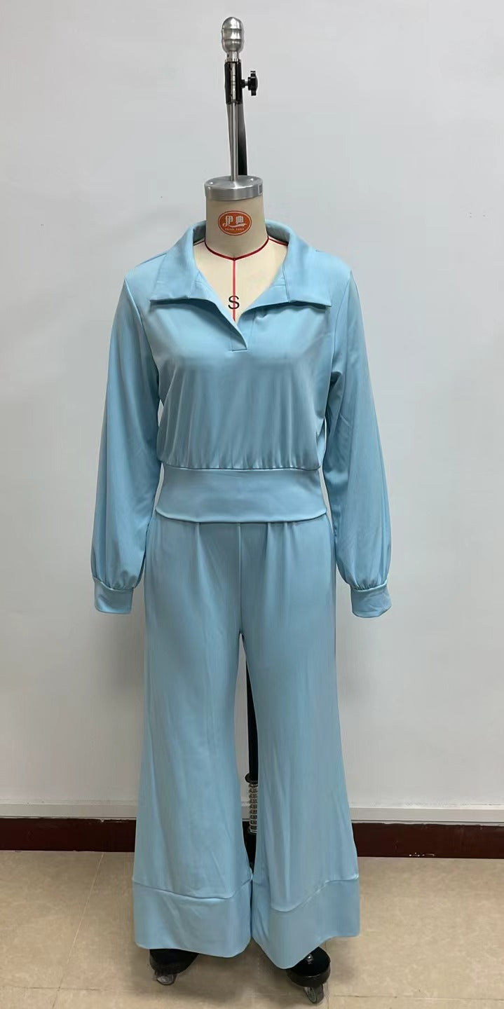 👚✨Novi ženski ležerni set od 2 dijela – jednobojni top s ovratnikom + široke hlače s elastičnim strukom, ležerno šik