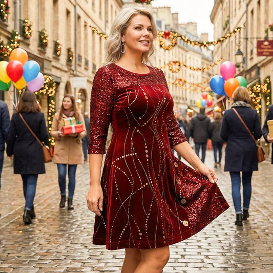 💃🔥Nova haljina A-kroja sa šljokicama za jesen/zimu – jednobojna, s okruglim izrezom i dugim rukavima, elegantni europski stil!