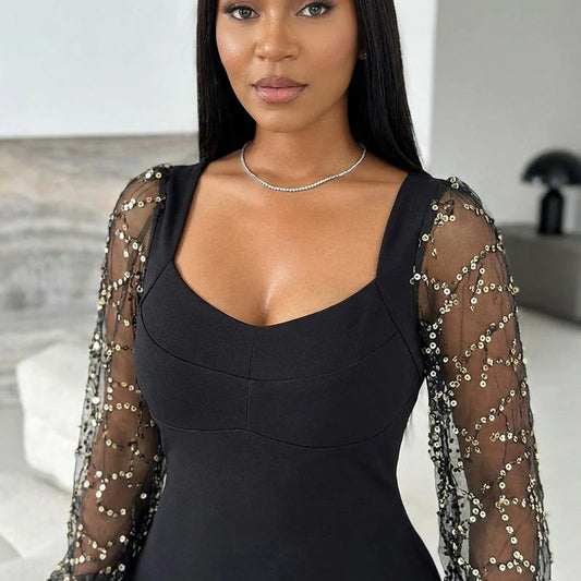 💃🌟Nova haljina od tila s šljokicama za jesen/zimu – srcoliki izrez i dugi rukavi, elegantni glamur za svaku priliku!