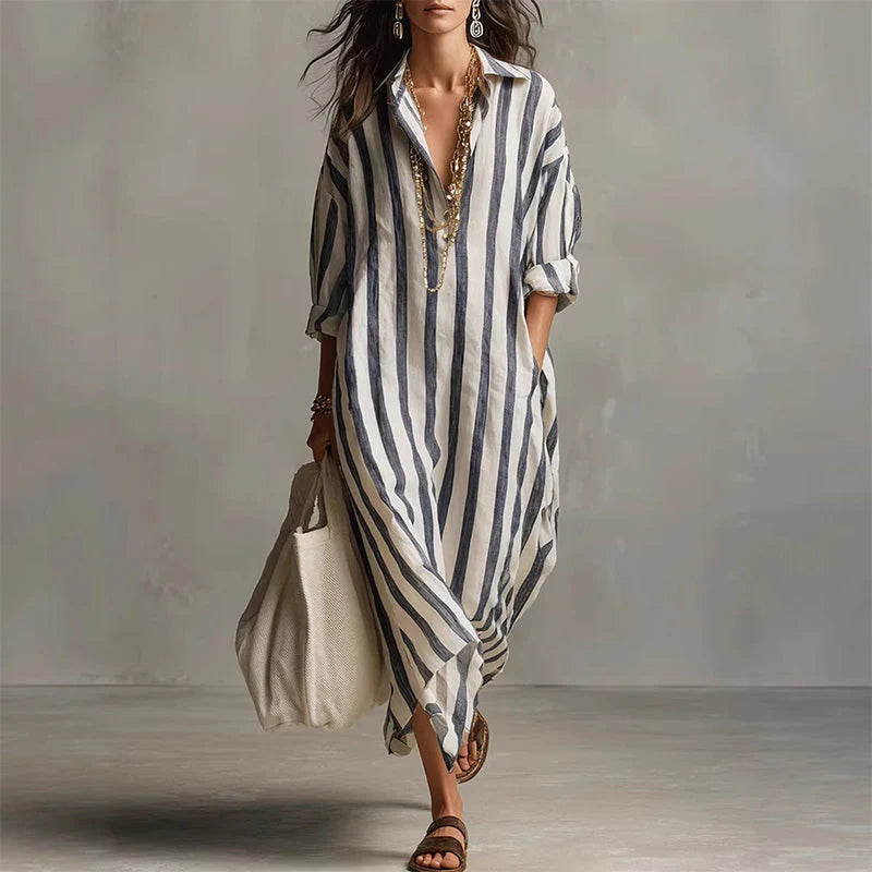 👗 50% POPUSTA! 🌞 Haljina-košulja s dugim rukavima u prugama – oversize kroj, vertikalne pruge, čisti pamuk i praktični bočni džepovi ✨