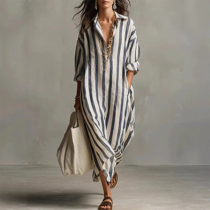 👗 50% POPUSTA! 🌞 Haljina-košulja s dugim rukavima u prugama – oversize kroj, vertikalne pruge, čisti pamuk i praktični bočni džepovi ✨