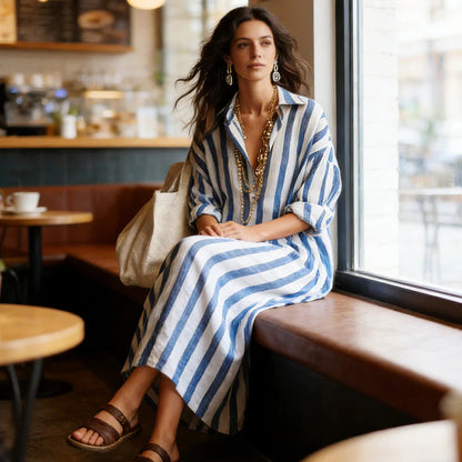 👗 50% POPUSTA! 🌞 Haljina-košulja s dugim rukavima u prugama – oversize kroj, vertikalne pruge, čisti pamuk i praktični bočni džepovi ✨