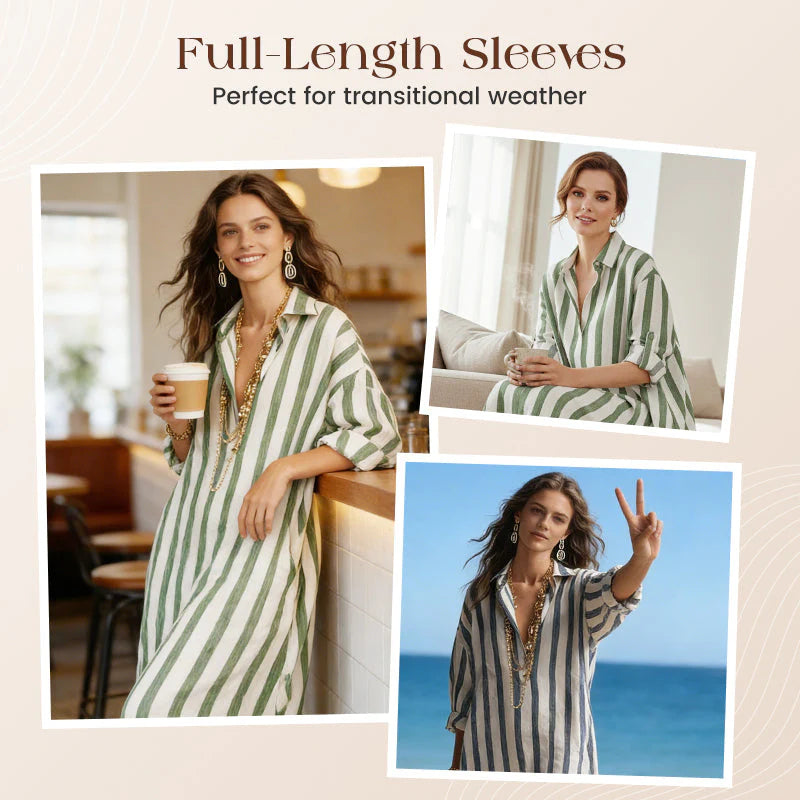 👗 50% POPUSTA! 🌞 Haljina-košulja s dugim rukavima u prugama – oversize kroj, vertikalne pruge, čisti pamuk i praktični bočni džepovi ✨