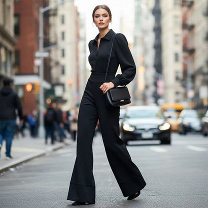 👚✨Novi ženski ležerni set od 2 dijela – jednobojni top s ovratnikom + široke hlače s elastičnim strukom, ležerno šik