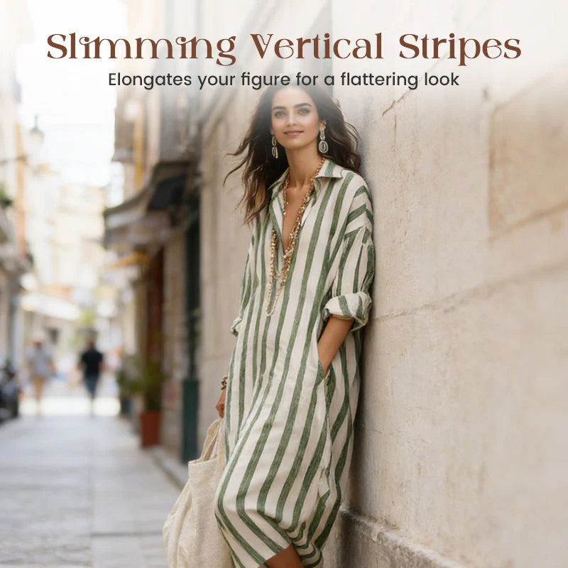 👗 50% POPUSTA! 🌞 Haljina-košulja s dugim rukavima u prugama – oversize kroj, vertikalne pruge, čisti pamuk i praktični bočni džepovi ✨