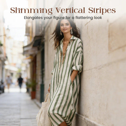👗 50% POPUSTA! 🌞 Haljina-košulja s dugim rukavima u prugama – oversize kroj, vertikalne pruge, čisti pamuk i praktični bočni džepovi ✨