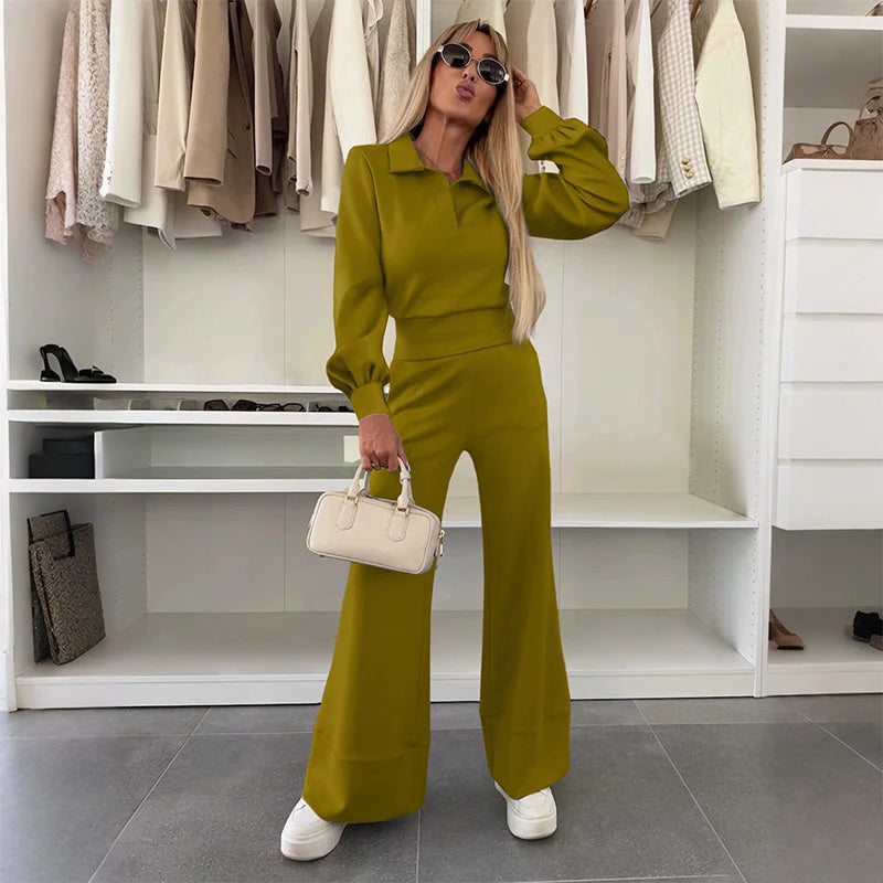 👚✨Novi ženski ležerni set od 2 dijela – jednobojni top s ovratnikom + široke hlače s elastičnim strukom, ležerno šik