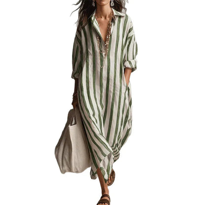 👗 50% POPUSTA! 🌞 Haljina-košulja s dugim rukavima u prugama – oversize kroj, vertikalne pruge, čisti pamuk i praktični bočni džepovi ✨