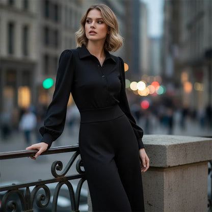 👚✨Novi ženski ležerni set od 2 dijela – jednobojni top s ovratnikom + široke hlače s elastičnim strukom, ležerno šik